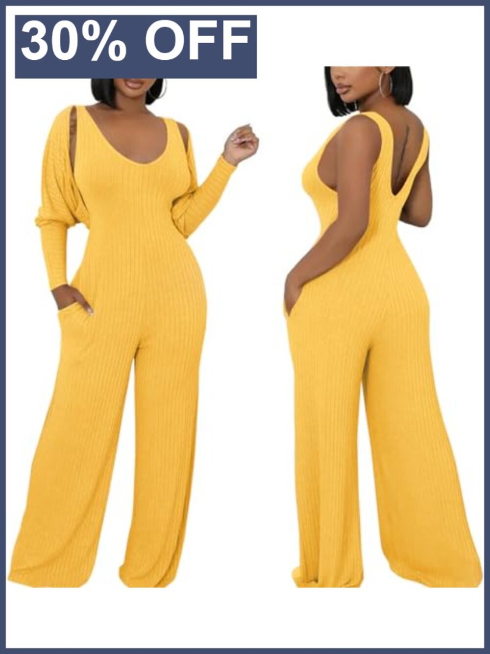 Women's Ribbed 2 Piece Set Wide Leg Jumpsuit & Cardigan Travel Outfit